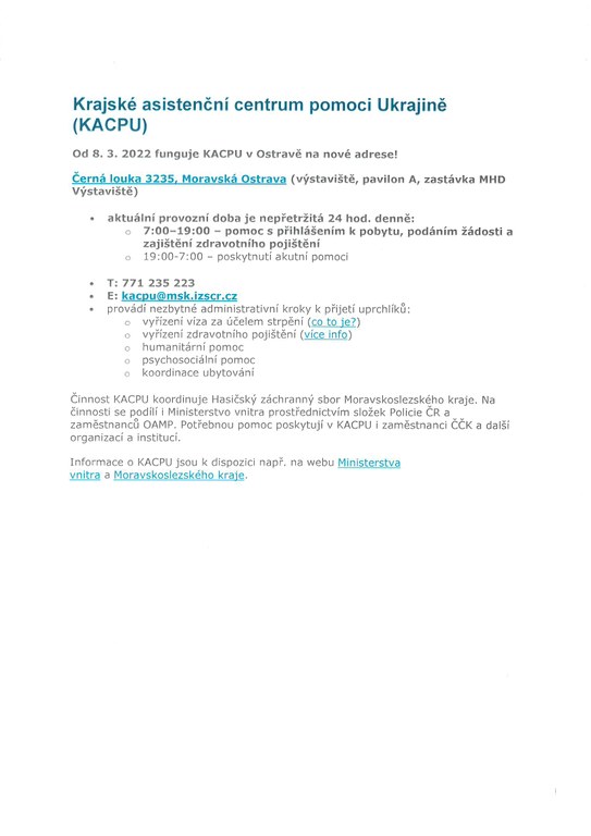 Krajské asistenční centrum pomoci Ukrajině - změna adresy!
