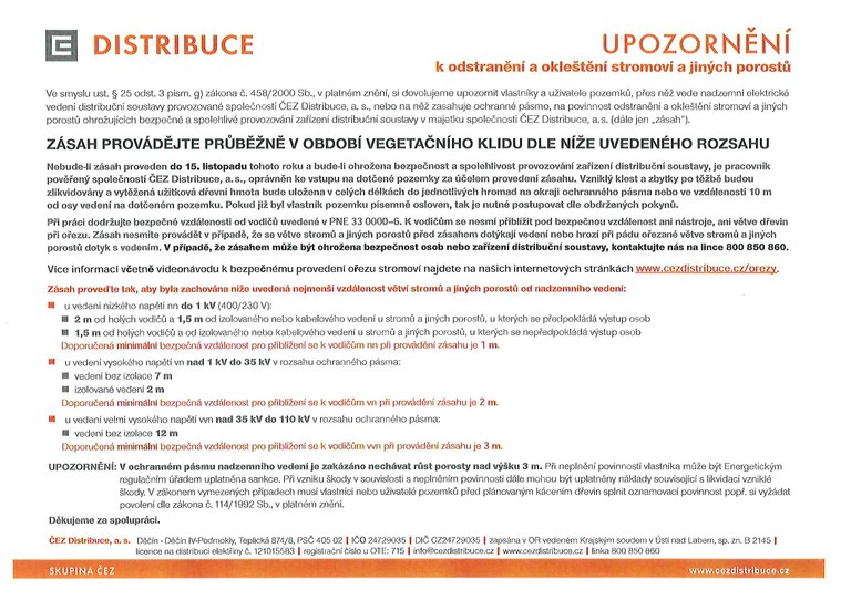 Upozornění k odstranění a okleštění stromoví a jiných porostů